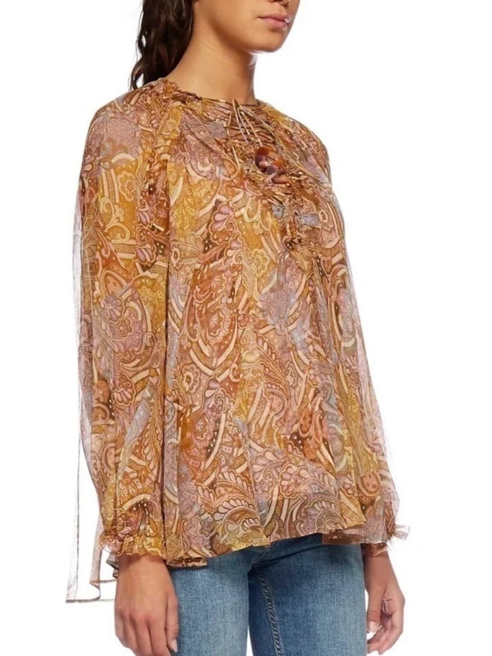 Zimmermann Paisley Lace-Up Ruffle Blouse in Gold and Pink